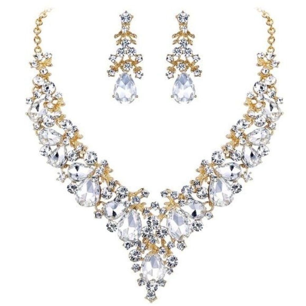Yellow Gold with White Diamond Austrian Crystal Floral Necklace & Earrings Set